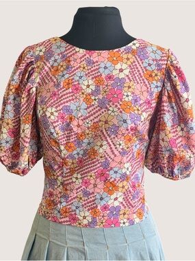 Puff Sleeve Floral Crop Top - Pink Multi
